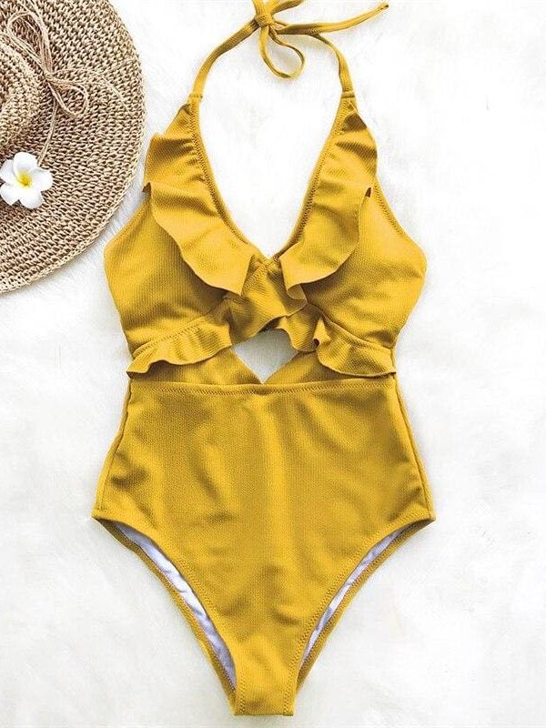 The Best Ruffle Swimsuit Women Backless Swimwear Women One Piece Swimsuit Padded Bathing Suit Ladies Beachwear Monokini Maillot De Bain Online - Takalr