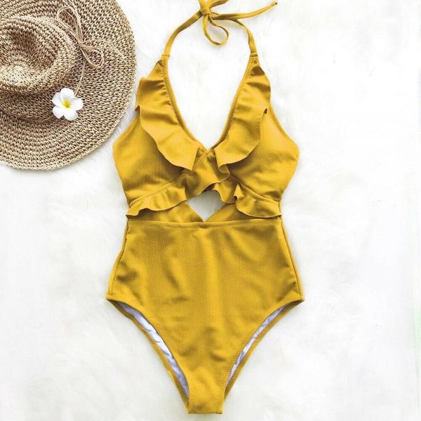 The Best Ruffle Swimsuit Women Backless Swimwear Women One Piece Swimsuit Padded Bathing Suit Ladies Beachwear Monokini Maillot De Bain Online - Takalr