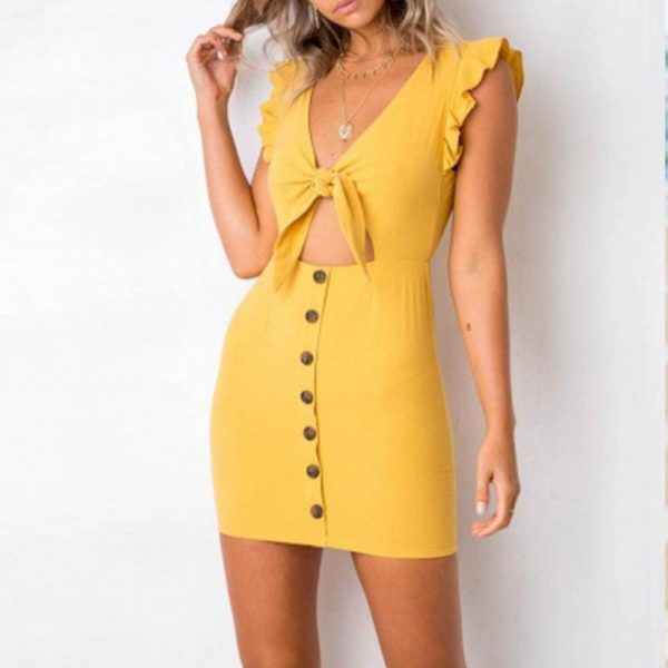 The Best Ruffles Bow Tie Hollow Out Summer Mini Dress Online - Source Silk