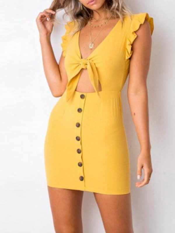 The Best Ruffles Bow Tie Hollow Out Summer Mini Dress Online - Source Silk