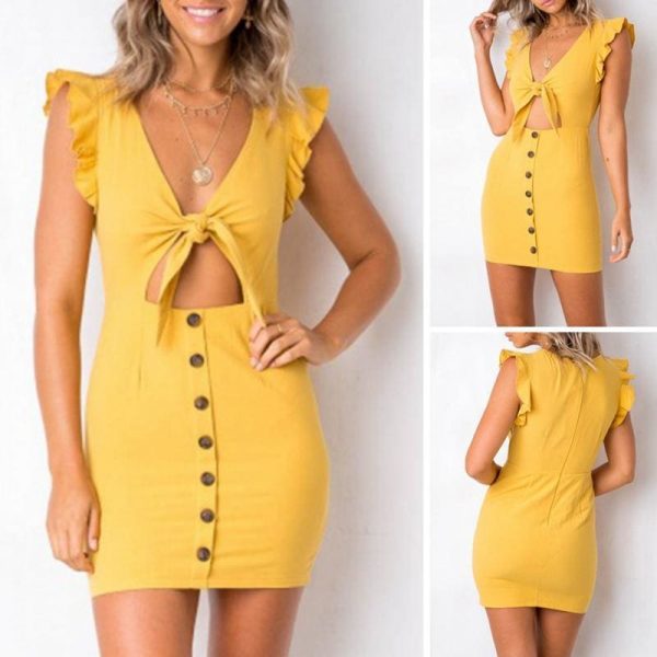 The Best Ruffles Bow Tie Hollow Out Summer Mini Dress Online - Source Silk