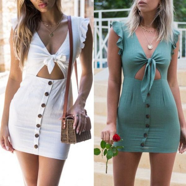 The Best Ruffles Bow Tie Hollow Out Summer Mini Dress Online - Source Silk