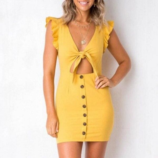 The Best Ruffles Bow Tie Hollow Out Summer Mini Dress Online - Source Silk