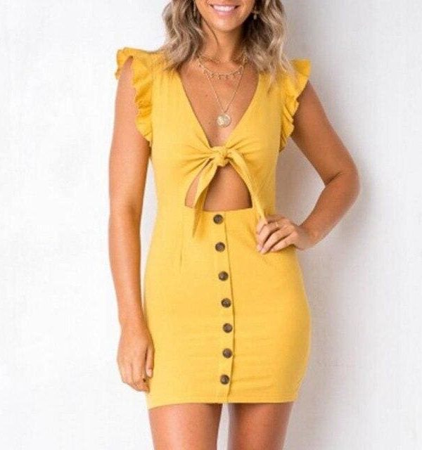 The Best Ruffles Bow Tie Hollow Out Summer Mini Dress Online - Source Silk