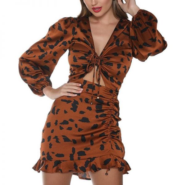 The Best Ruffles Leopard Spring Dresses Elasticated Wristband Mini Dresses Online - Takalr