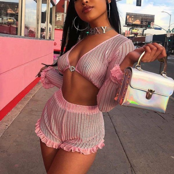 The Best Sequin Sets 2Pcs Hollow Out Long Sleeve Crop Tops + Ruffles Shorts Online - Takalr