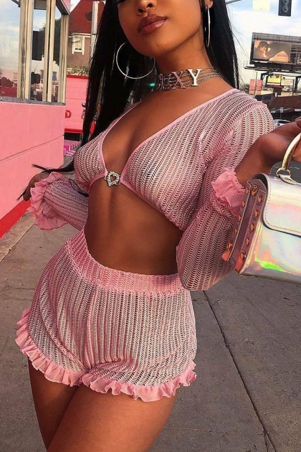 The Best Sequin Sets 2Pcs Hollow Out Long Sleeve Crop Tops + Ruffles Shorts Online - Takalr