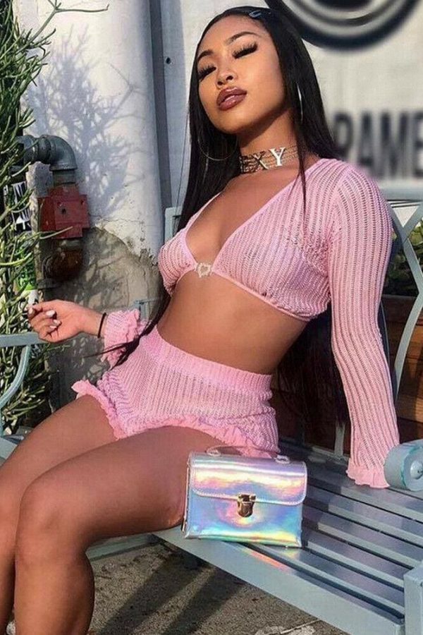 The Best Sequin Sets 2Pcs Hollow Out Long Sleeve Crop Tops + Ruffles Shorts Online - Takalr