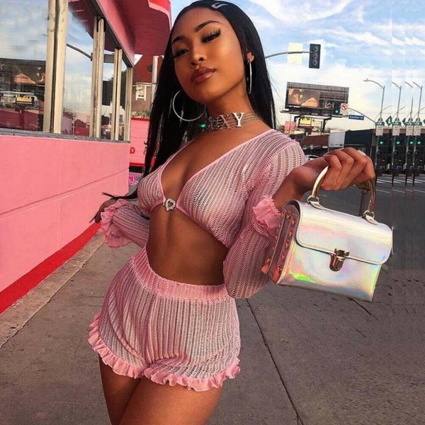The Best Sequin Sets 2Pcs Hollow Out Long Sleeve Crop Tops + Ruffles Shorts Online - Takalr