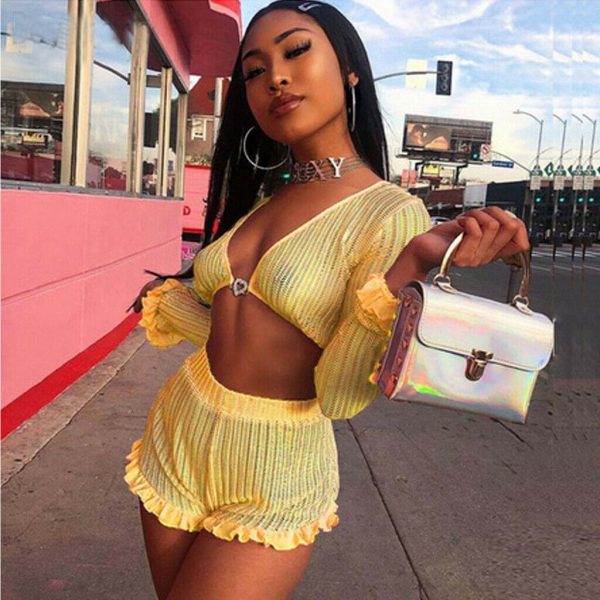 The Best Sequin Sets 2Pcs Hollow Out Long Sleeve Crop Tops + Ruffles Shorts Online - Takalr