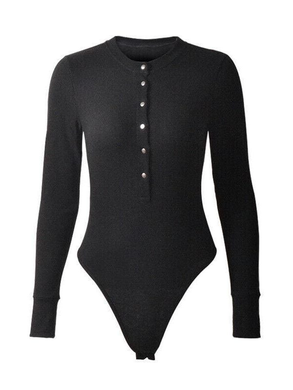 The Best Sexy Leotard V-Neck Long Sleeve Tops Button Down Casual Bodysuit Jumpsuit Romper Online - Takalr