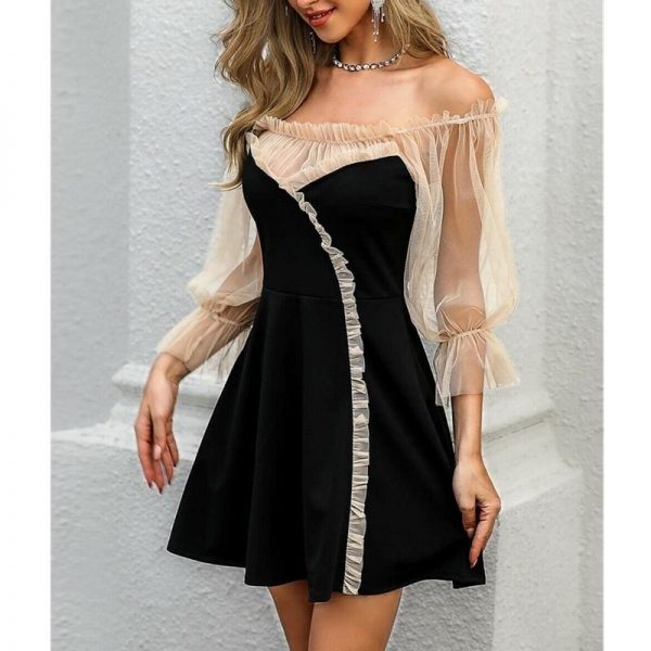 The Best Sexy Off Shoulder Lace Mesh Patchwork Puff Sleeve Casual Mini Dress Online - Takalr