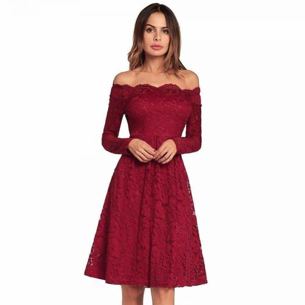 The Best sexy patchwork lace dress slash neck fashion a-line dress Online - Source Silk