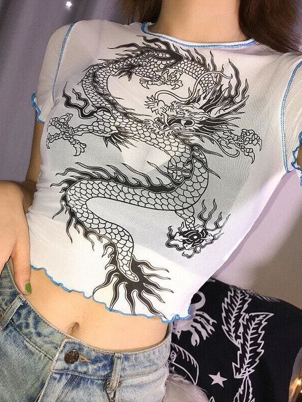 The Best Sexy Slim Dragon Print Transparent Summer Casual Tops Crop Short Online - Takalr