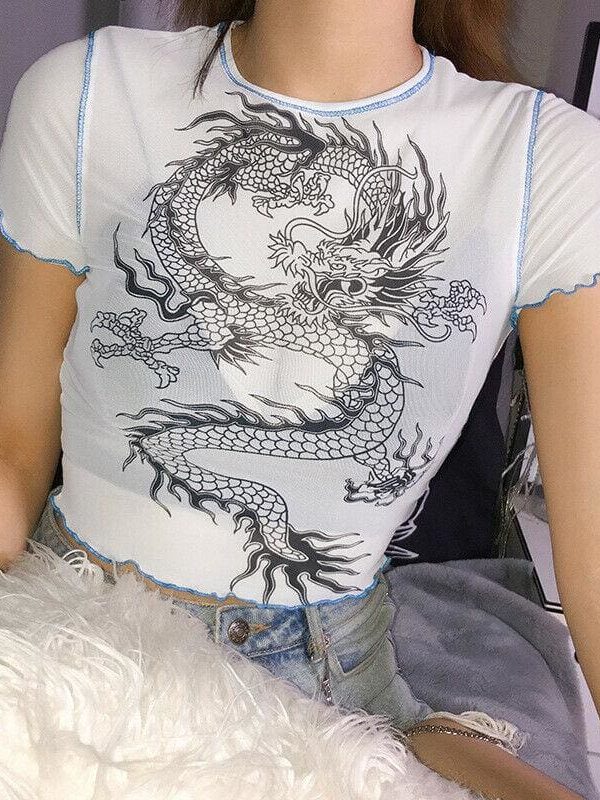 The Best Sexy Slim Dragon Print Transparent Summer Casual Tops Crop Short Online - Takalr