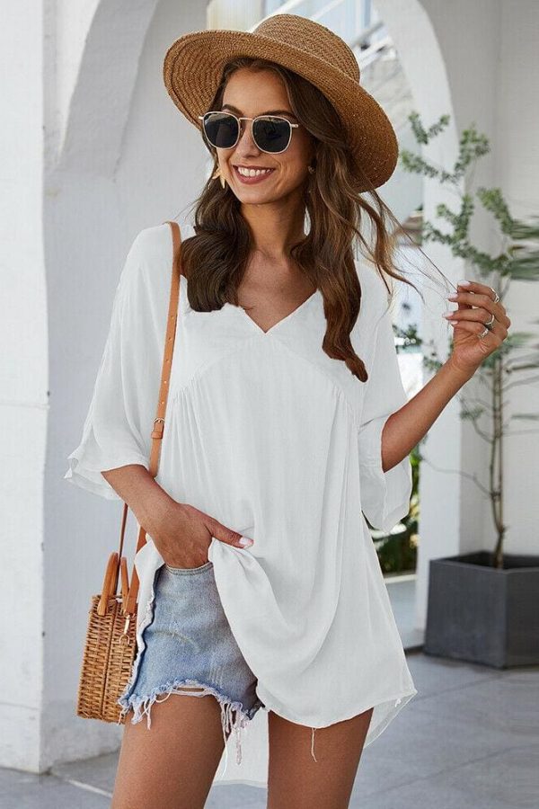 The Best Short Sleeve Tunic Top Pullover Ladies Casual Solid Loose Jumper Blouse Tee Shirt Online - Takalr