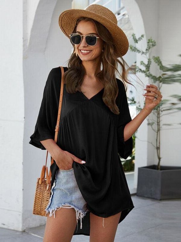 The Best Short Sleeve Tunic Top Pullover Ladies Casual Solid Loose Jumper Blouse Tee Shirt Online - Takalr