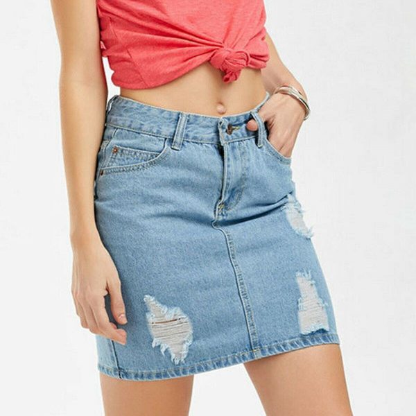 The Best Slim High Waist Ripped Skirt Fashion Ladies Faded Denim Jean Bodycon Short Mini Pencil Skirt Online - Takalr