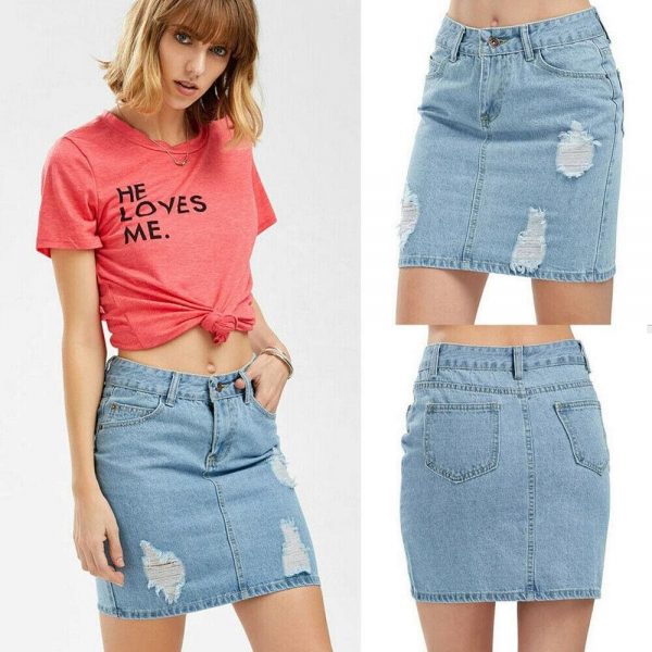 The Best Slim High Waist Ripped Skirt Fashion Ladies Faded Denim Jean Bodycon Short Mini Pencil Skirt Online - Takalr