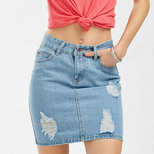 The Best Slim High Waist Ripped Skirt Fashion Ladies Faded Denim Jean Bodycon Short Mini Pencil Skirt Online - Takalr