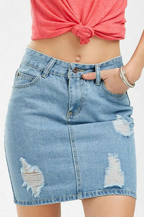 The Best Slim High Waist Ripped Skirt Fashion Ladies Faded Denim Jean Bodycon Short Mini Pencil Skirt Online - Takalr