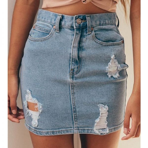 The Best Slim High Waist Ripped Skirt Fashion Ladies Faded Denim Jean Bodycon Short Mini Pencil Skirt Online - Takalr