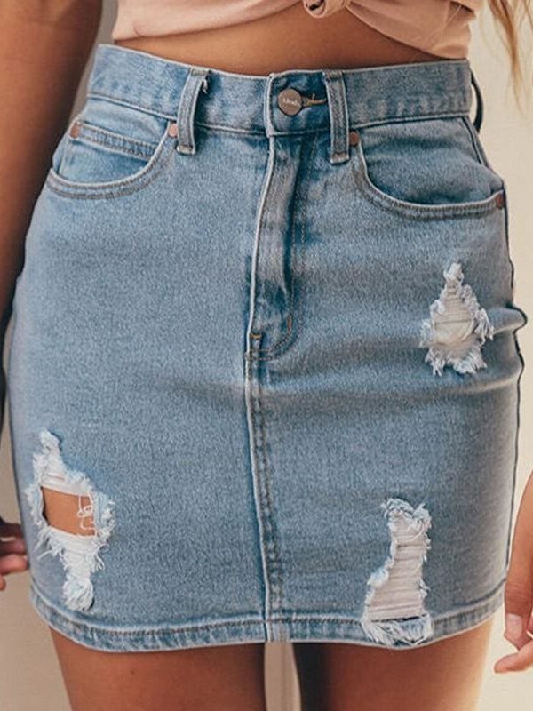 The Best Slim High Waist Ripped Skirt Fashion Ladies Faded Denim Jean Bodycon Short Mini Pencil Skirt Online - Takalr