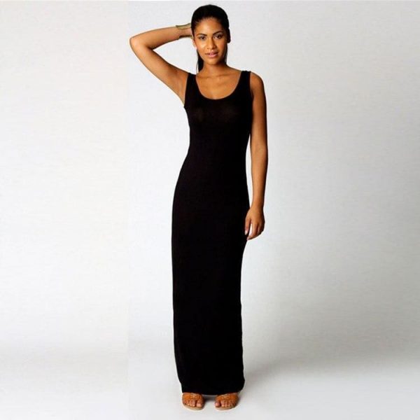 The Best Slim Maxi Dress Stretch Tank Robe Thin Long Dress O-Neck Sleeveless Online - Source Silk