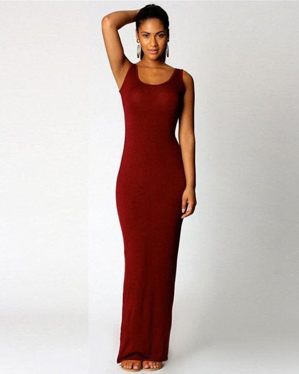 The Best Slim Maxi Dress Stretch Tank Robe Thin Long Dress O-Neck Sleeveless Online - Source Silk