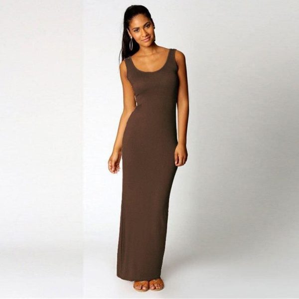 The Best Slim Maxi Dress Stretch Tank Robe Thin Long Dress O-Neck Sleeveless Online - Source Silk