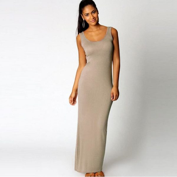 The Best Slim Maxi Dress Stretch Tank Robe Thin Long Dress O-Neck Sleeveless Online - Source Silk