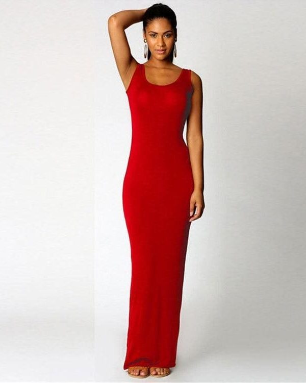 The Best Slim Maxi Dress Stretch Tank Robe Thin Long Dress O-Neck Sleeveless Online - Source Silk