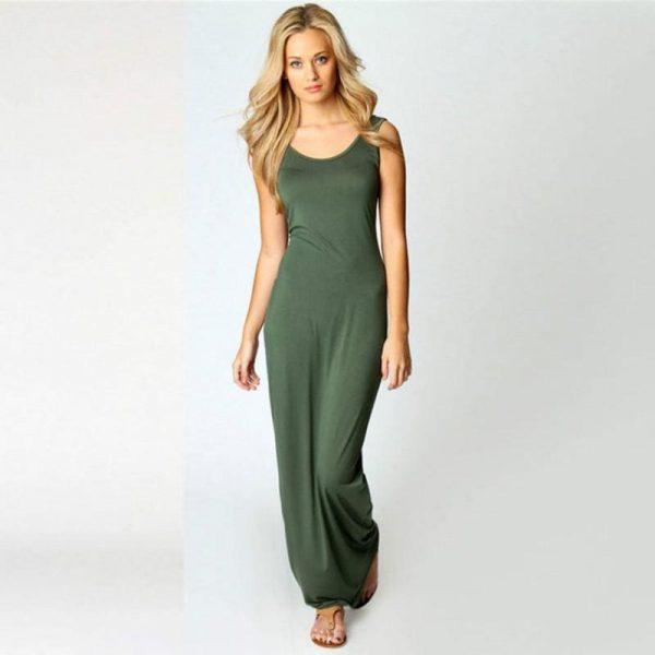 The Best Slim Maxi Dress Stretch Tank Robe Thin Long Dress O-Neck Sleeveless Online - Source Silk