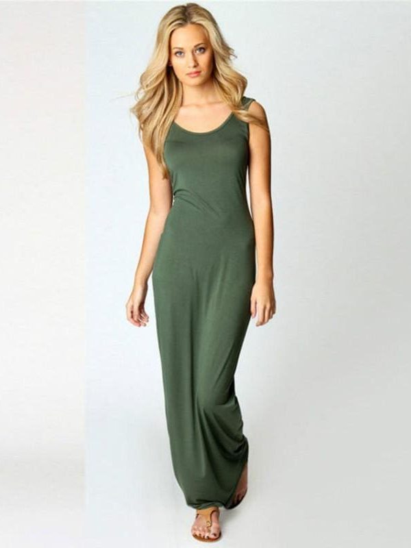 The Best Slim Maxi Dress Stretch Tank Robe Thin Long Dress O-Neck Sleeveless Online - Source Silk