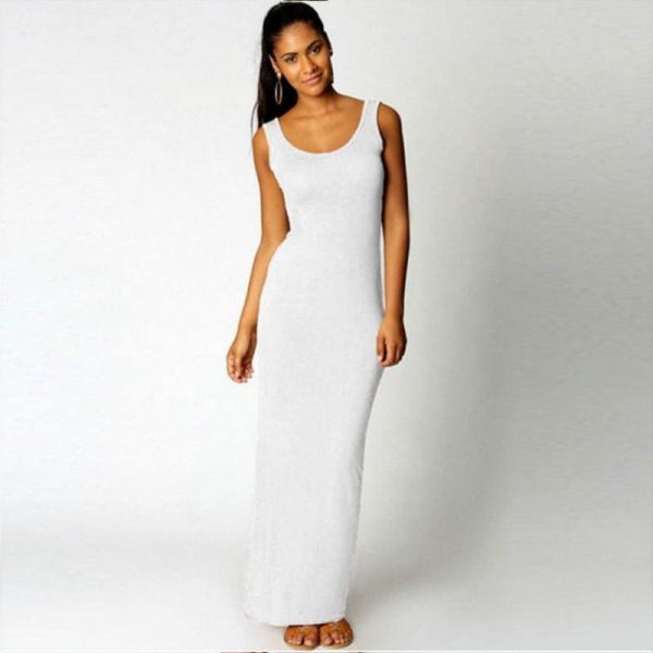 The Best Slim Maxi Dress Stretch Tank Robe Thin Long Dress O-Neck Sleeveless Online - Source Silk