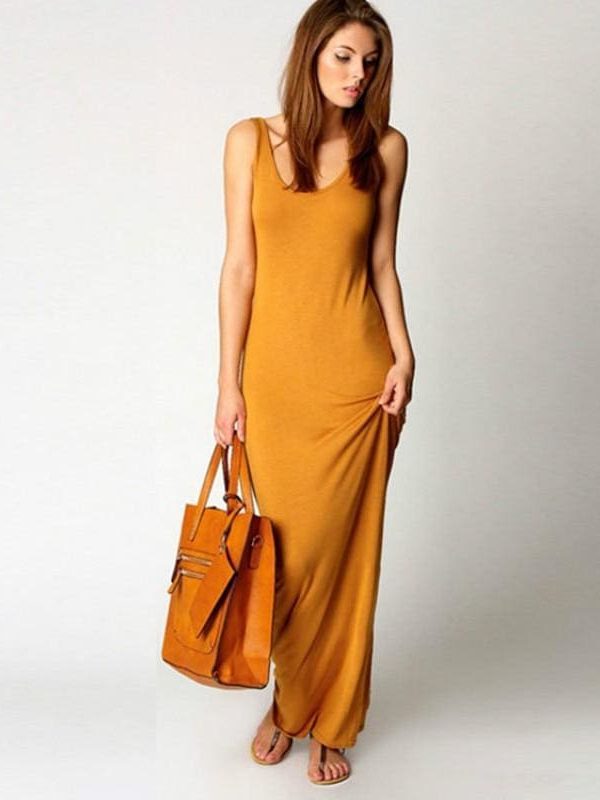 The Best Slim Maxi Dress Stretch Tank Robe Thin Long Dress O-Neck Sleeveless Online - Source Silk