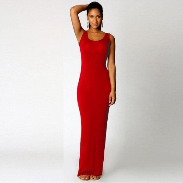 The Best Slim Maxi Dress Stretch Tank Robe Thin Long Dress O-Neck Sleeveless Online - Source Silk