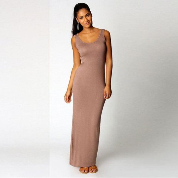 The Best Slim Maxi Dress Stretch Tank Robe Thin Long Dress O-Neck Sleeveless Online - Source Silk