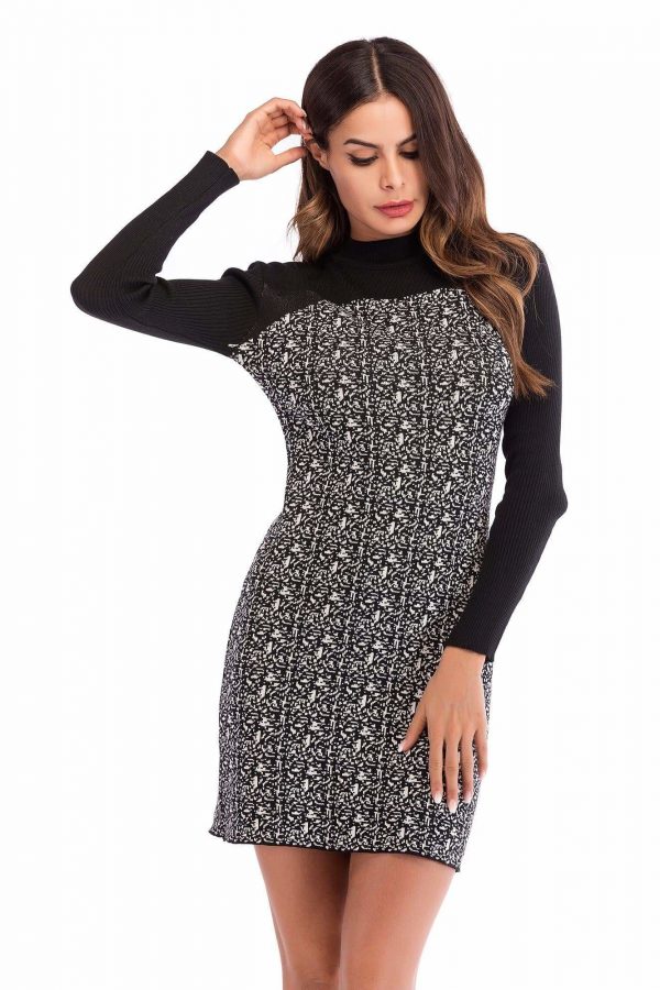 The Best Slim Slimming Color Stitching Dress Round Neck Long Sleeve Online - Source Silk