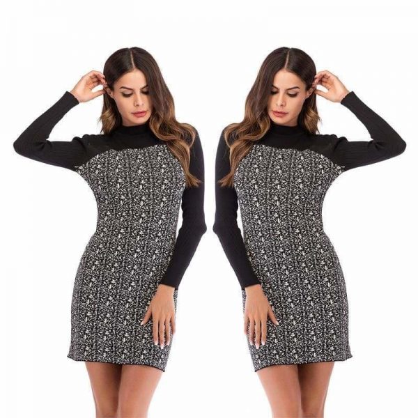 The Best Slim Slimming Color Stitching Dress Round Neck Long Sleeve Online - Source Silk