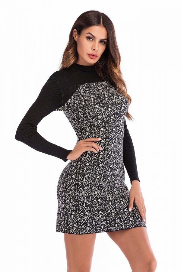 The Best Slim Slimming Color Stitching Dress Round Neck Long Sleeve Online - Source Silk