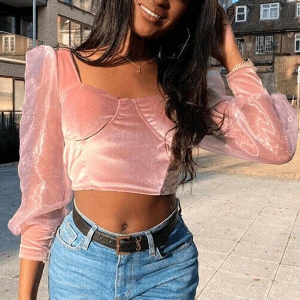 The Best Slim Square Neck Crop Tops Stretch Evening Party Tops Blouse Shirt Online - Takalr