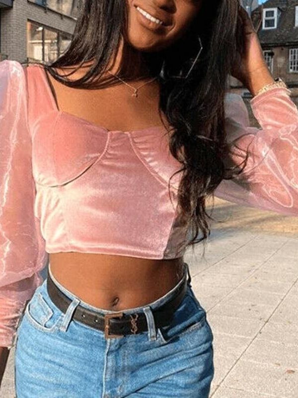 The Best Slim Square Neck Crop Tops Stretch Evening Party Tops Blouse Shirt Online - Takalr