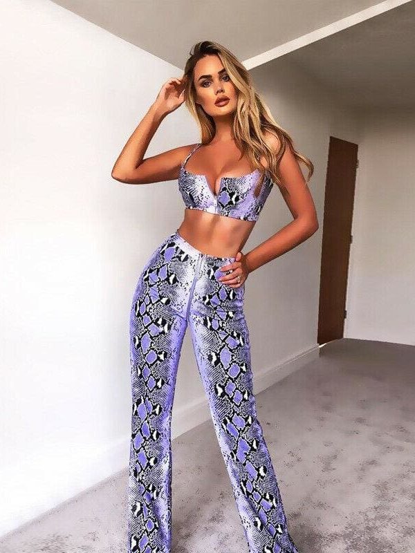 The Best Snake Print Two Piece Set Women Evening Party Club Bandage Sleeveless Crop Top and Pant Snakeskin Suit Clothes set Streetwear Online - Takalr