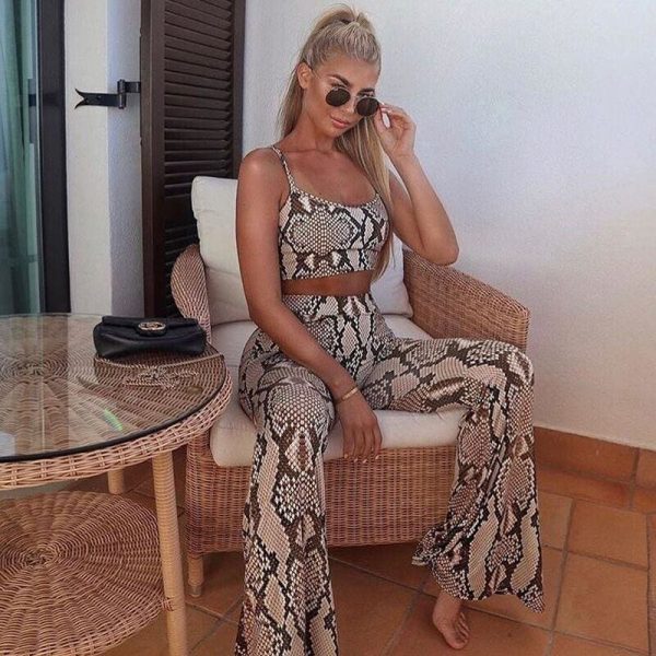 The Best Snake Print Two Piece Set Women Evening Party Club Bandage Sleeveless Crop Top and Pant Snakeskin Suit Clothes set Streetwear Online - Takalr