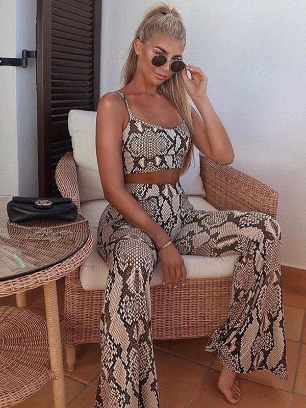 The Best Snake Print Two Piece Set Women Evening Party Club Bandage Sleeveless Crop Top and Pant Snakeskin Suit Clothes set Streetwear Online - Takalr