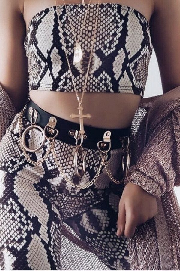 The Best Snake Skin Print Two Piece Set Womens Shinny Tube Top Shorts Online - Takalr