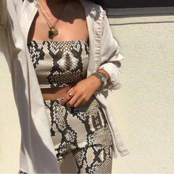 The Best Snake Skin Print Two Piece Set Womens Shinny Tube Top Shorts Online - Takalr