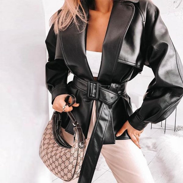 solid black pu leather jacket for women  winter fashion belted fake pockets jacket coat streetwear turn down collar outwear - Takalr