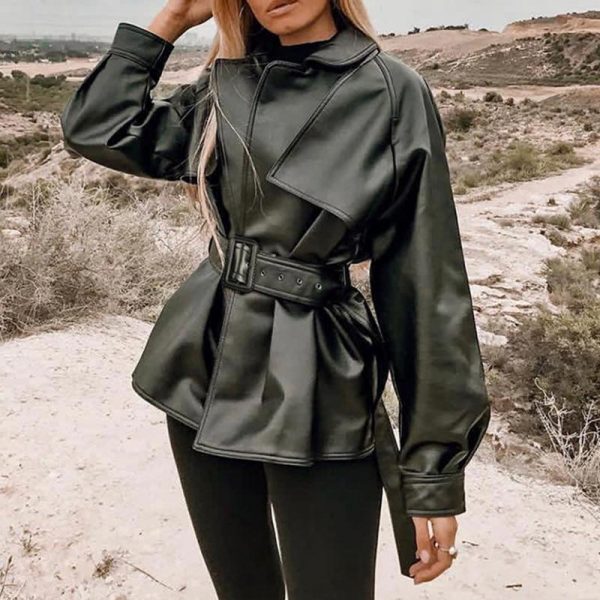 solid black pu leather jacket for women  winter fashion belted fake pockets jacket coat streetwear turn down collar outwear - Takalr